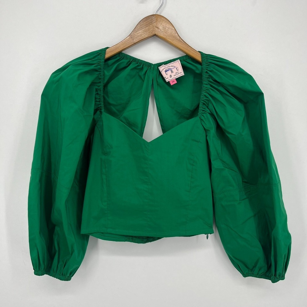 Buru Blouse Women's XS Green Puff Sleeve Solid Cotton Blend